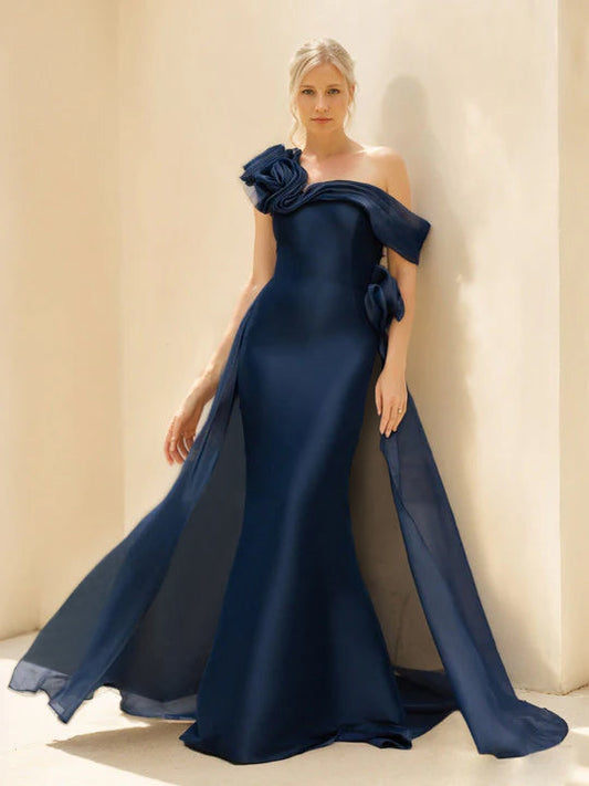 Sheath/Column Off-the-Shoulder Long Sleeves Floor-Length Mother of the Bride & Groom Dresses with Flower & Overskirt