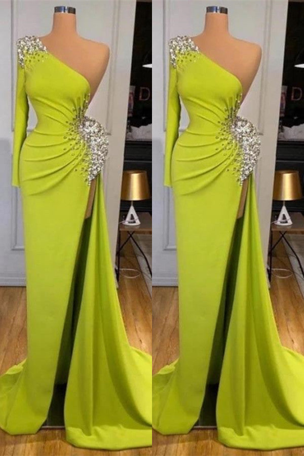 Yellow Green Long Sleeves Mermaid Long Prom Dress Split With Beads PD0674