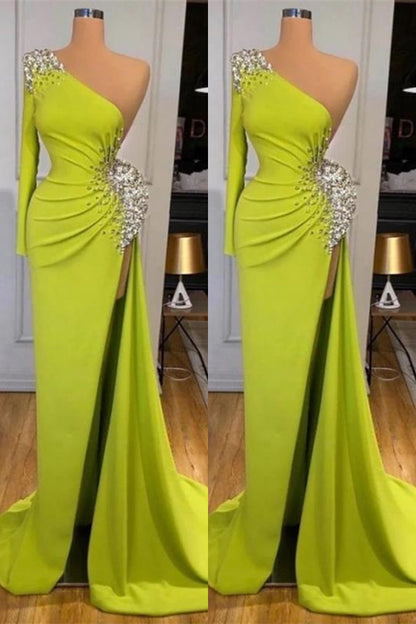 Yellow Green Long Sleeves Mermaid Long Prom Dress Split With Beads PD0674