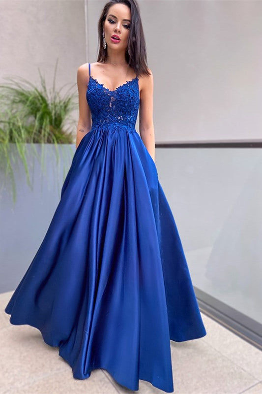 Royal Blue Prom Dress Lace Appliques With Pockets PD0209