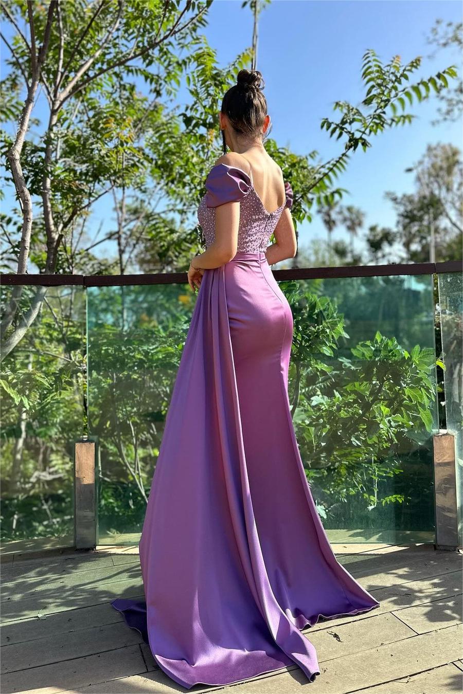 edgynewlook Stunning Purple Satin Off the Shoulder Strapless Beadings Prom Dress with Split