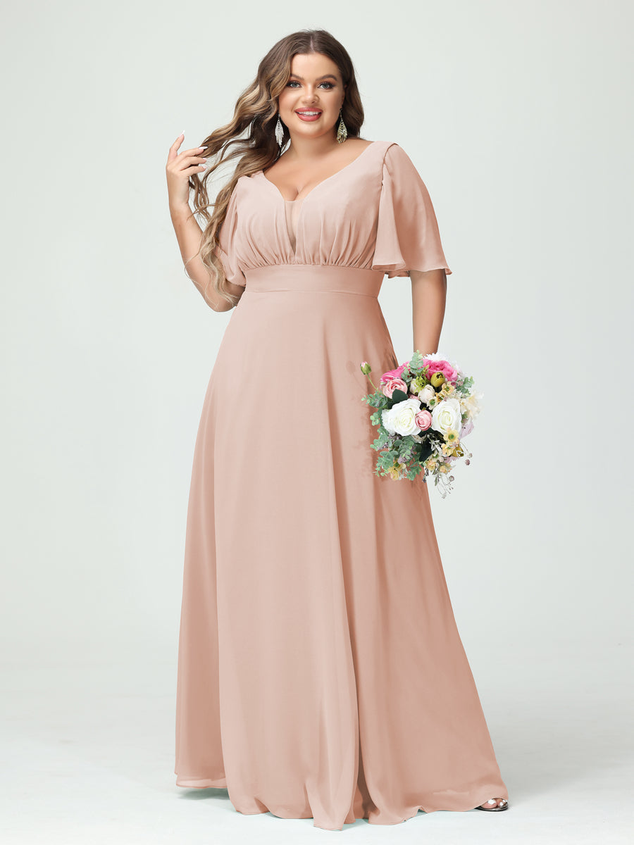 A-Line/Princess V-Neck Half Sleeves Chiffon Plus Size Bridesmaid Dresses with Pockets