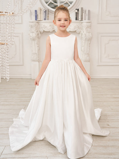 A-Line Princess Sleeveless Satin Flower Girl Dress with Sweep Train and Bow