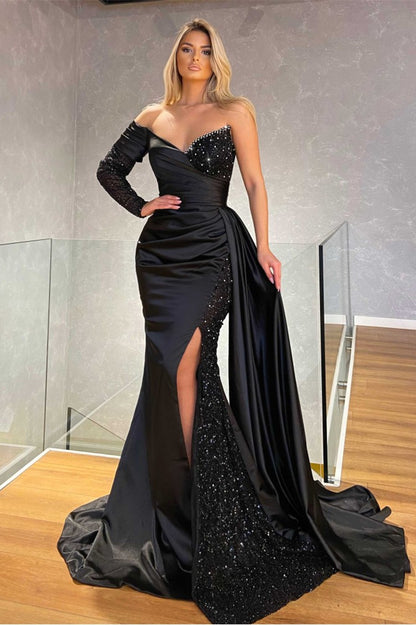 edgynewlook Long Sleeves Black Sweetheart Mermaid Prom Dress With Sequins