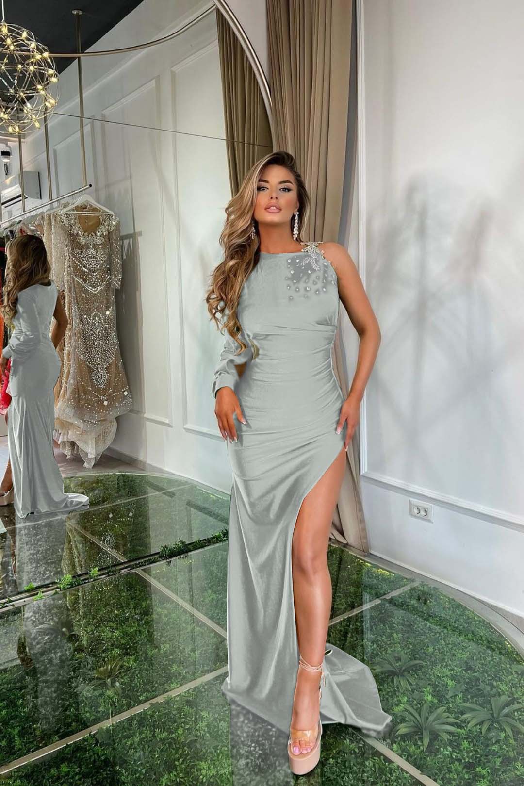 Green Satin With Slit Prom Dress One Shoulder One Sleeve Rhinstone Applikation YL0238