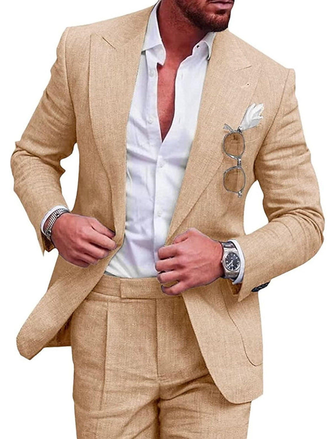 Men's Tailored Fit Single Breasted Two-buttons 2 Pieces Solid Colored Linen Suits