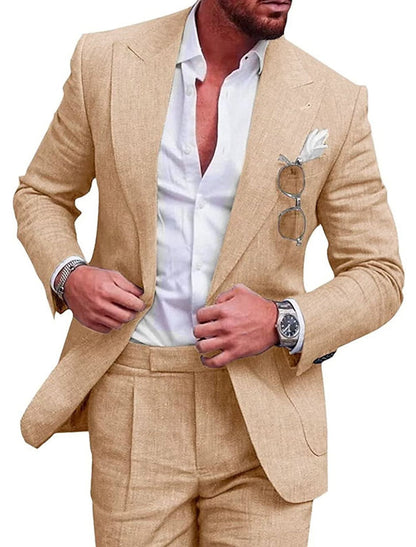 Men's Tailored Fit Single Breasted Two-buttons 2 Pieces Solid Colored Linen Suits