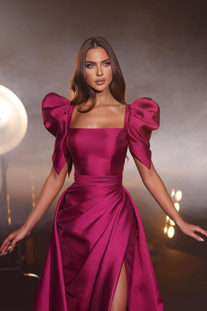 edgynewlook Beautiful Fuchsia Satin Puff Short Sleeves Square Neck Prom Dress with Split