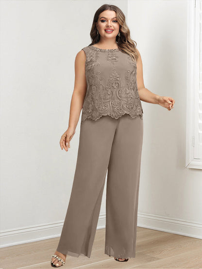 Chiffon Round Neck Floor-Length Plus Size Mother Of The Bride Pantsuits With Jacket & Applique