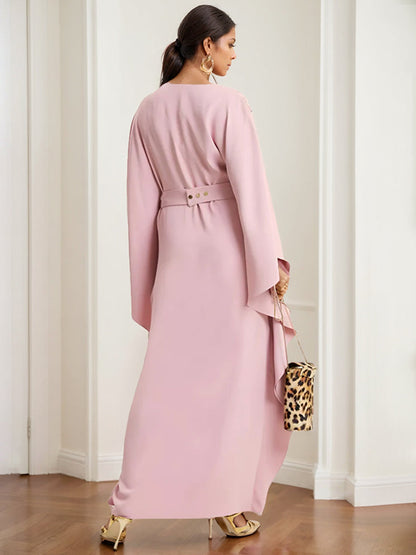 A-Line/Princess V-Neck Long Sleeves Ankle Length Evening Dresses with Rhinestone