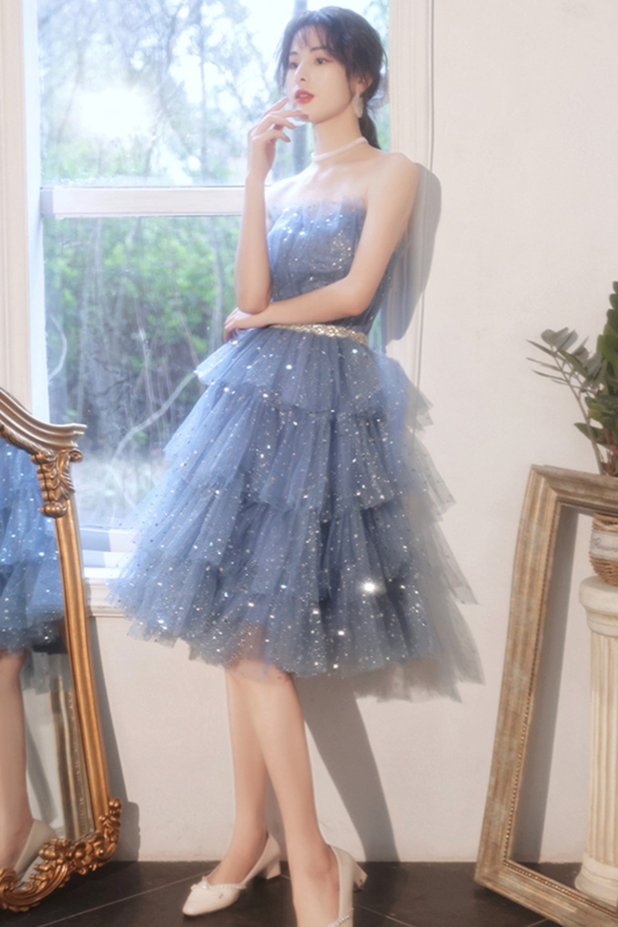 Blue tulle sequins short prom dress party dress  8676