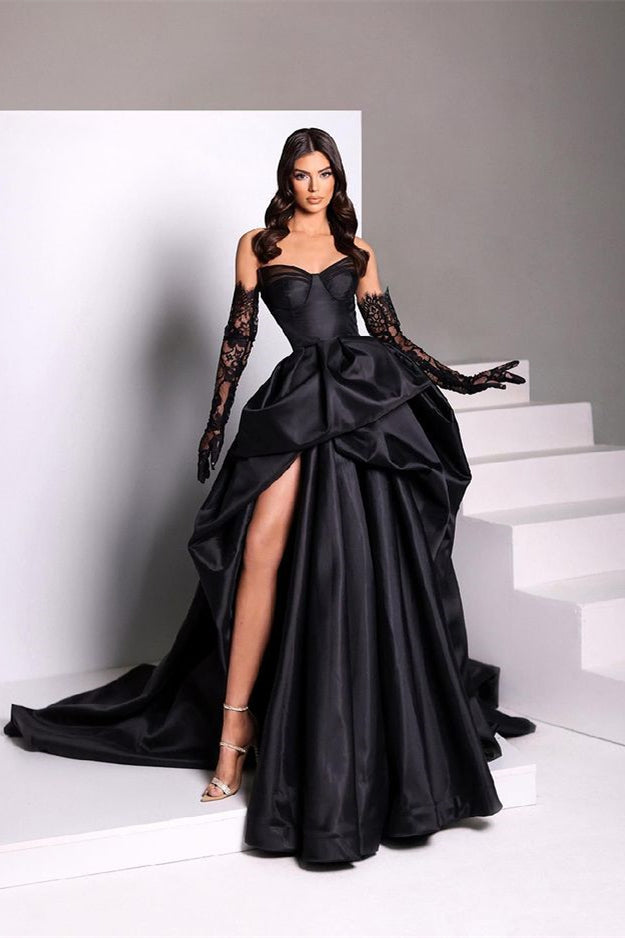 Black Sweetheart Taffeta Slit Prom Dress With Long Lace Gloves ED0061