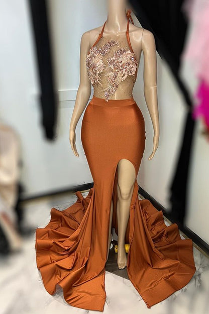 Brown Long Prom Dress Sleeveless Halter With Appliques High Slit YL0073