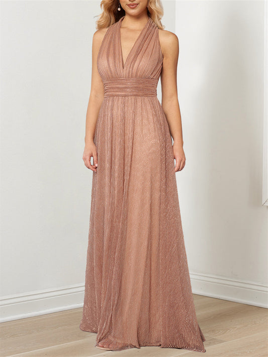 A-Line/Princess  Plunging V Metallic Halter Floor-Length Mother of the Bride Dresses