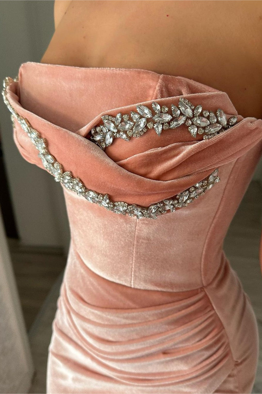 Velvet Prom Dress Pink Beadings With Slit Sleeveless Strapless YL0249