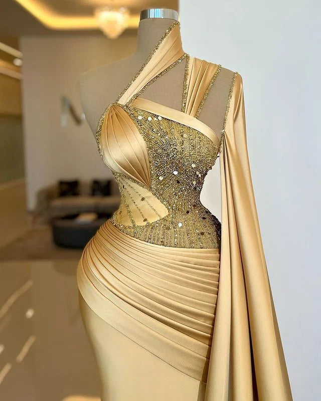 Luxurious Gold Sheath Prom Dress Asymmetric Mermaid Dress HT0054