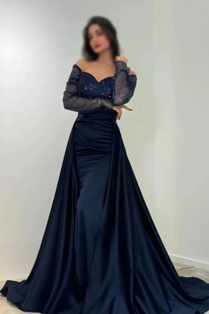 Dark Navy Off-The-Shoulder Sequins Long Sleeves Prom Dress ZT0516