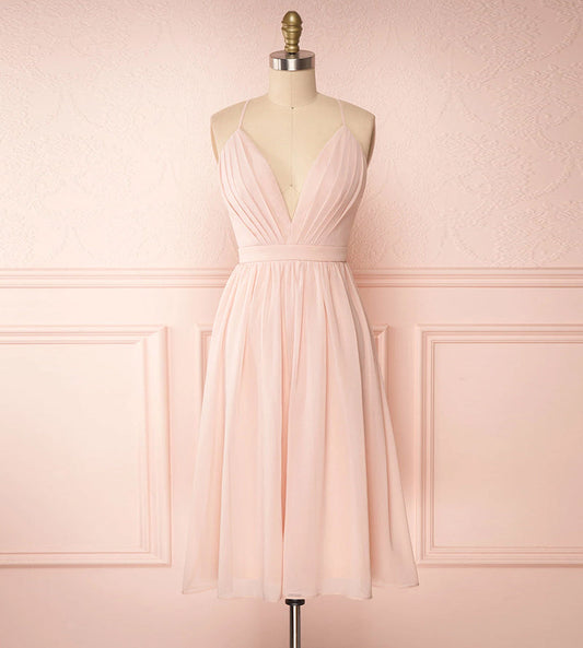 Pink v neck chiffon short prom dress  8178