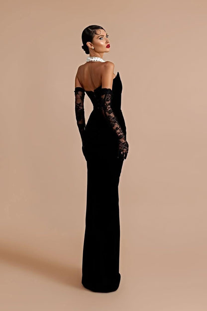 edgynewlook Stunning Black Velvet Strapless V Neck Long Split Prom Dress with Lace Gloves