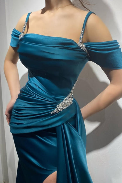 Ink Blue Elegant Beaded Spaghetti-Straps Split Prom Dress ZT0317