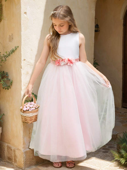 A-line 3D Flower Satin Tulle Ankle-length  Flower Girl Dress