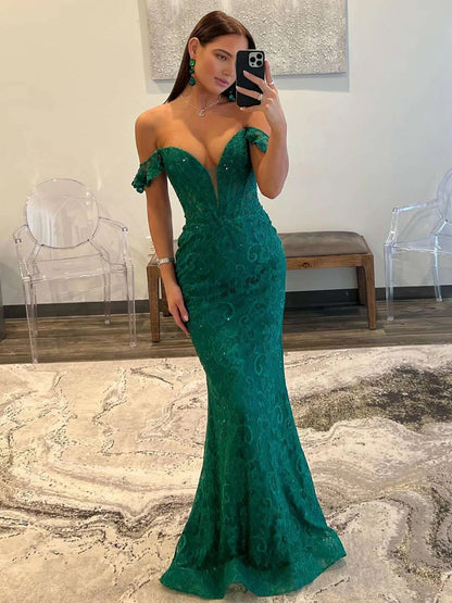 Ebony | Mermaid Emerald Off the Shoulder Lace Long Prom Dress