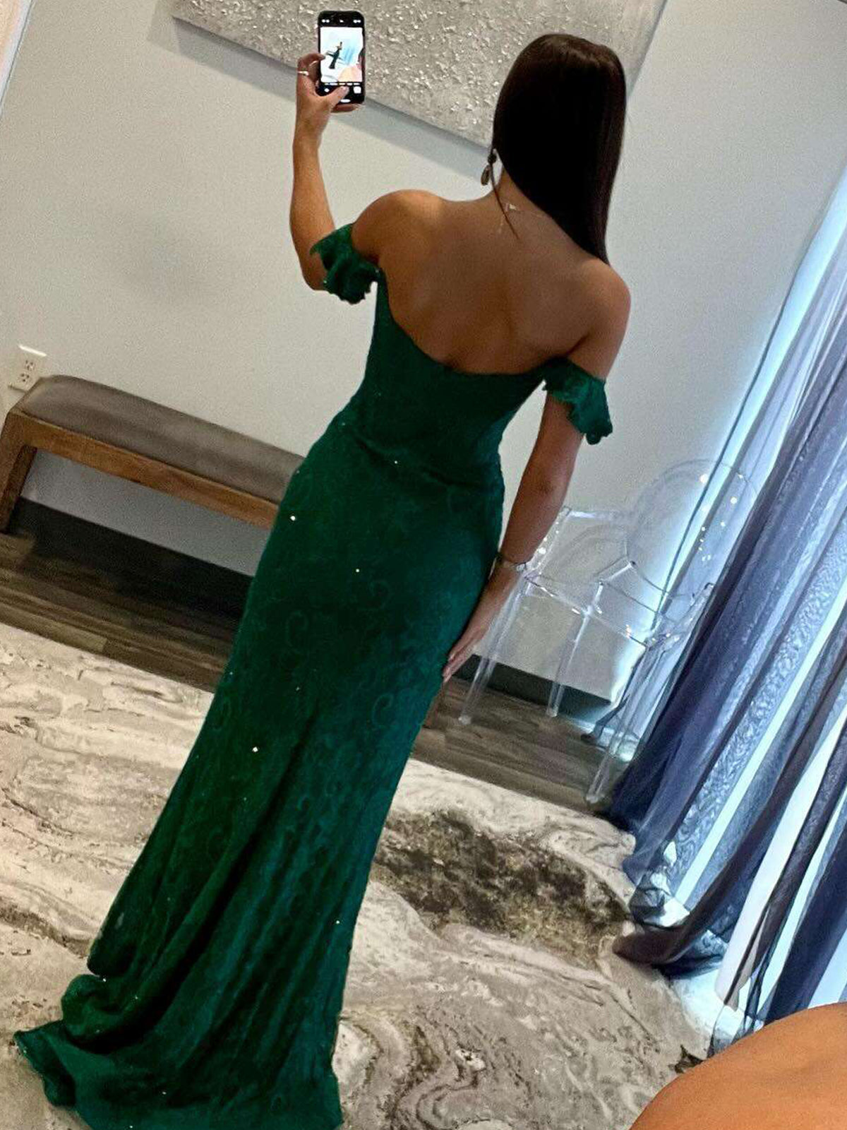 Ebony | Mermaid Emerald Off the Shoulder Lace Long Prom Dress