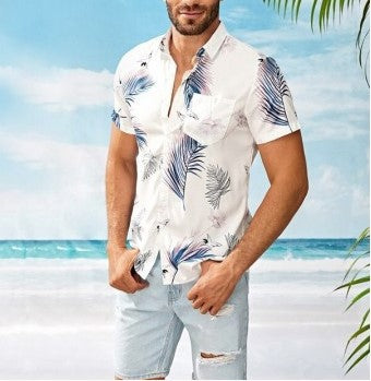 Men's Casual Short Sleeves Beach Shirt with Leaf Print