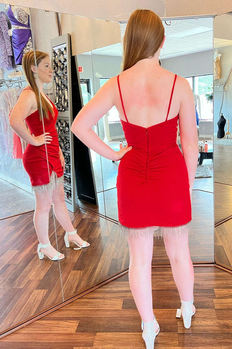 Red V-Neck Ruched Fringe Short Homecoming Dress gh1283