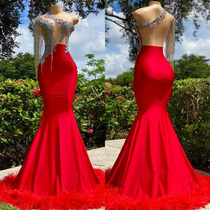 Mermaid Prom Dress One Shoulder Strapless Red Classic With Feather YL0105