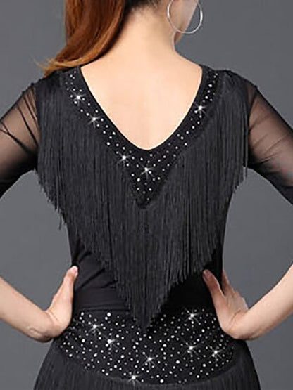 Women's Dancewear Latin Dance Ballroom Dance Top Fringed Ruching Pure Color Tassel  Short Sleeve