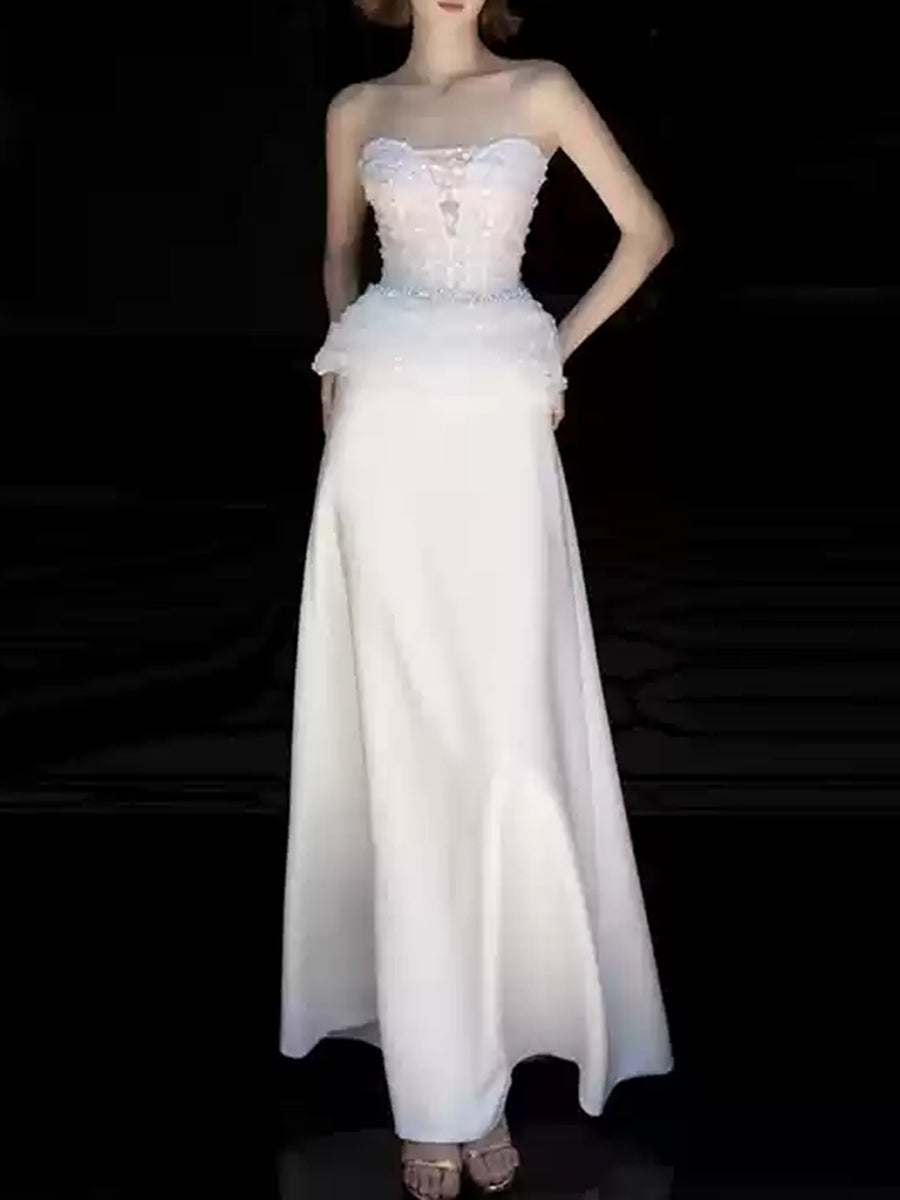 A-Line/Princess White Strapless Sleeveless Wedding Dresses with Lace Appliques