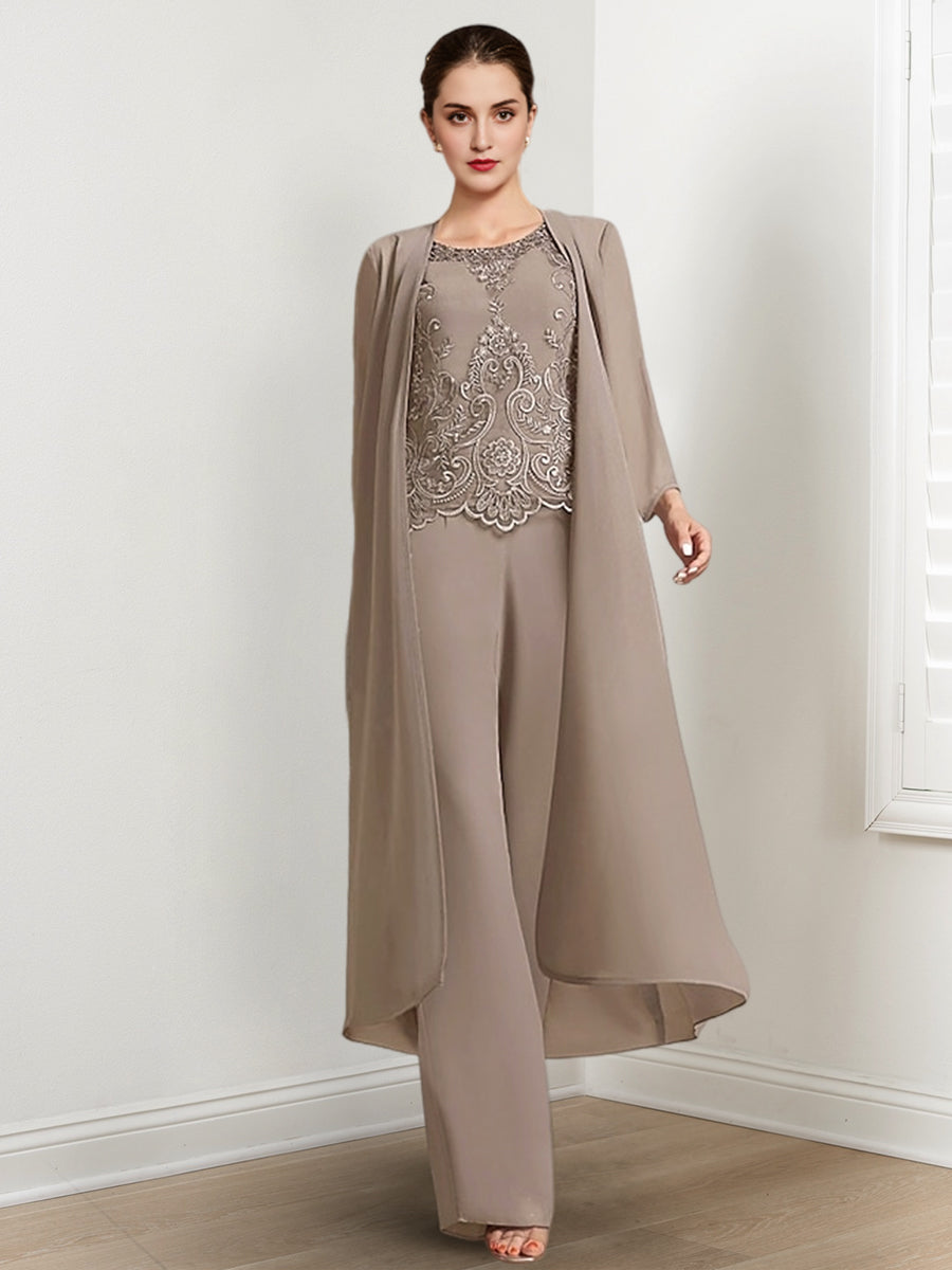 Chiffon Round Neck Floor-Length Mother Of The Bride Pantsuits With Jacket & Applique