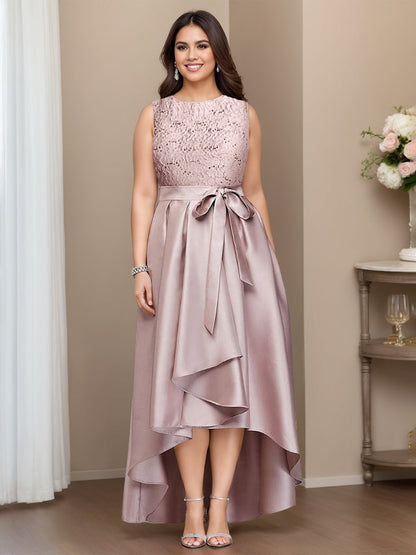 A-Line/Princess Jewel Neck Sleeveless Asymmetrical Plus Size Mother Of The Bride Dresses With Pleats