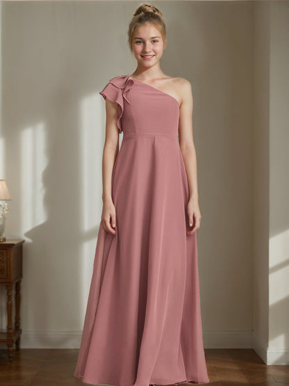 A-Line/Princess One-Shoulder Sleeveless Junior Bridesmaid Dresses with Ruffles