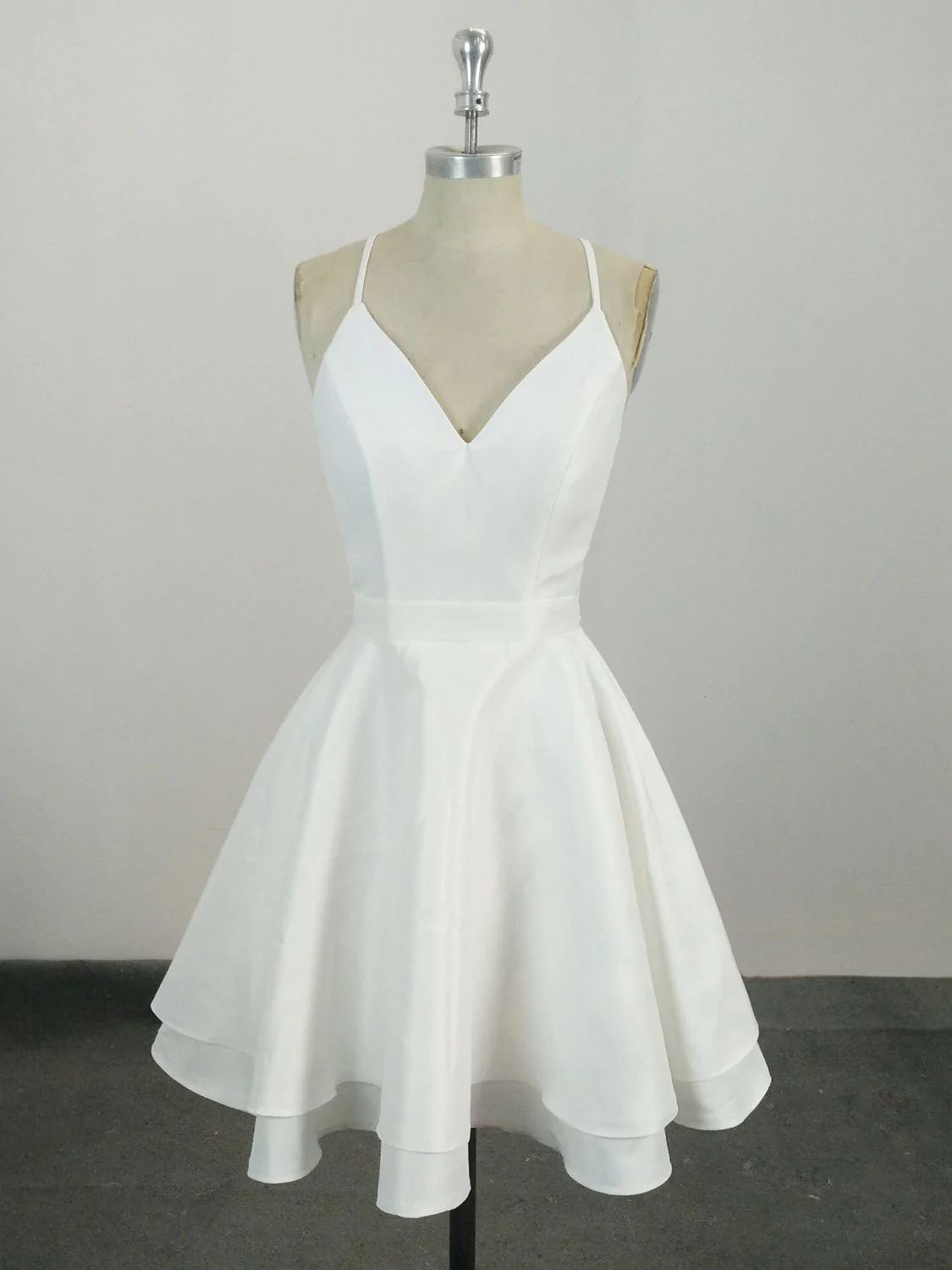 White v neck satin lace short prom dress, formal dresses, white homecoming dress gh813