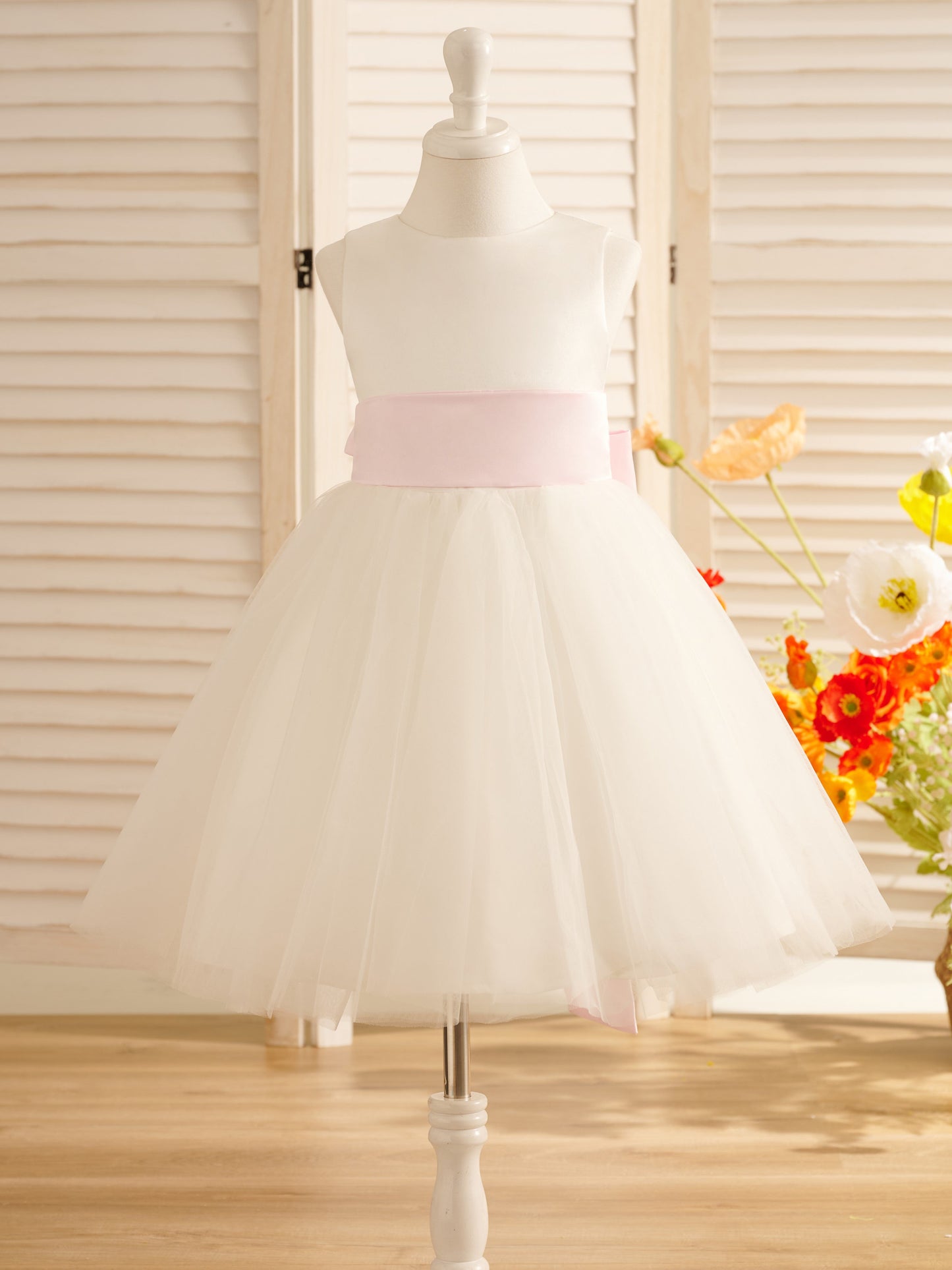 A-Line Satin Tulle Knee-length Flower Girl Dress