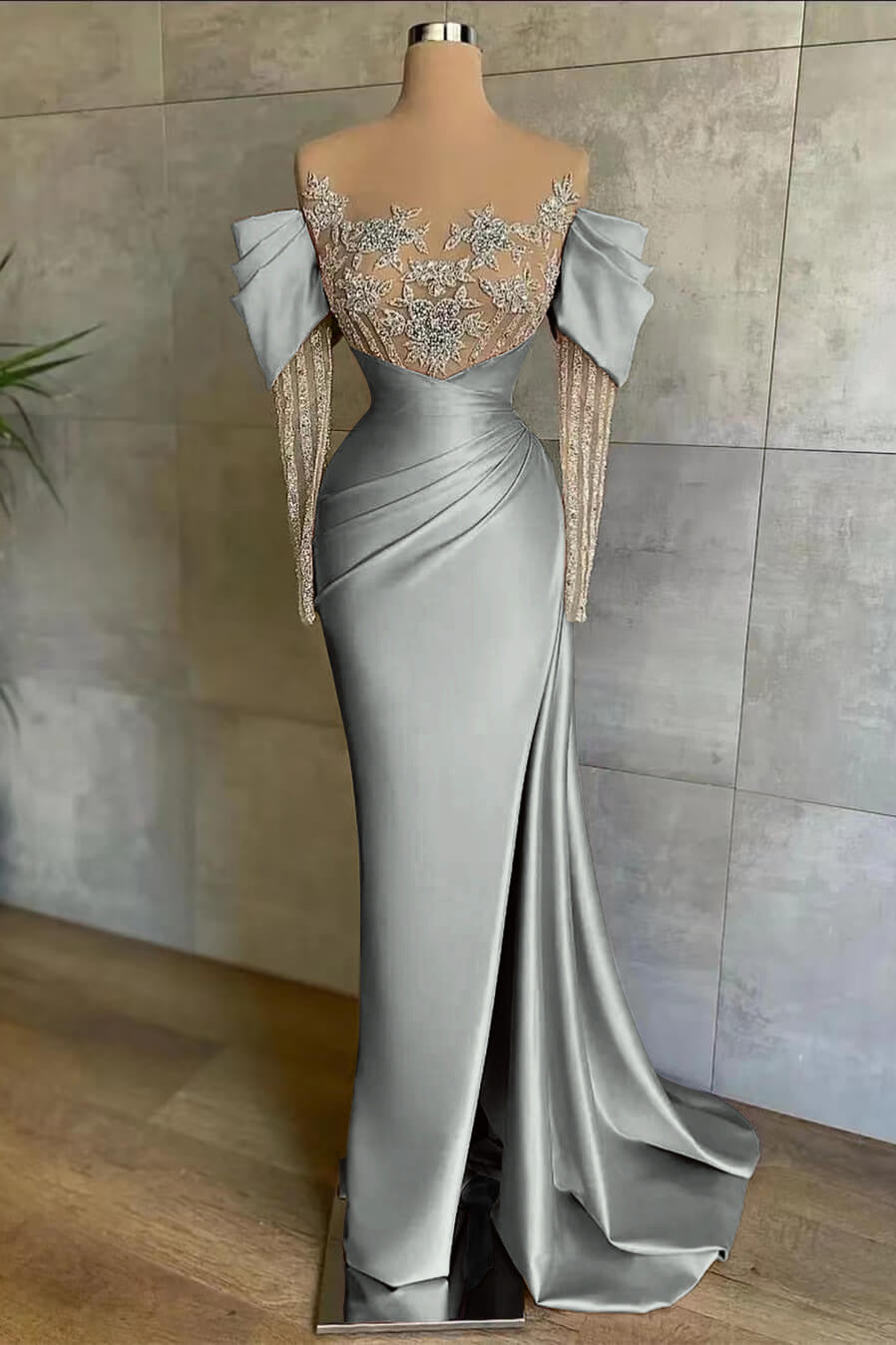 Pink Off-The-Shoulder Front Split Mermaid Long Sleeves Prom Dress Beadings With Appliques ED0148