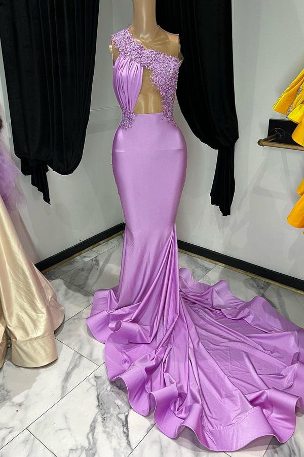 Elegant Purple Sleeveless One Shoulder Mermaid Prom Dress YL0078