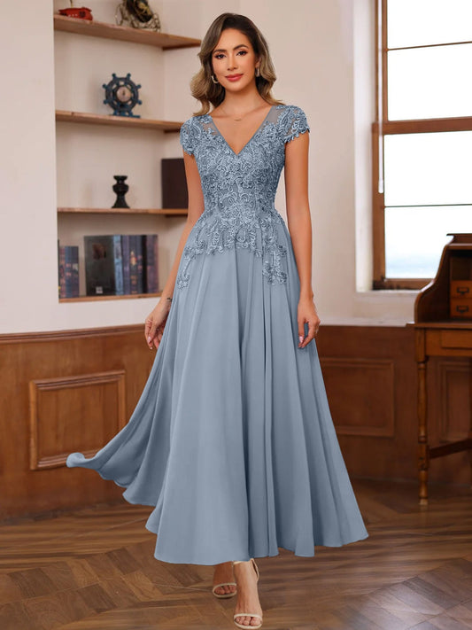 A-Line V-Neck Short Sleeves Ankle-Length Mother of the Bride Dresses with Lace Appliques