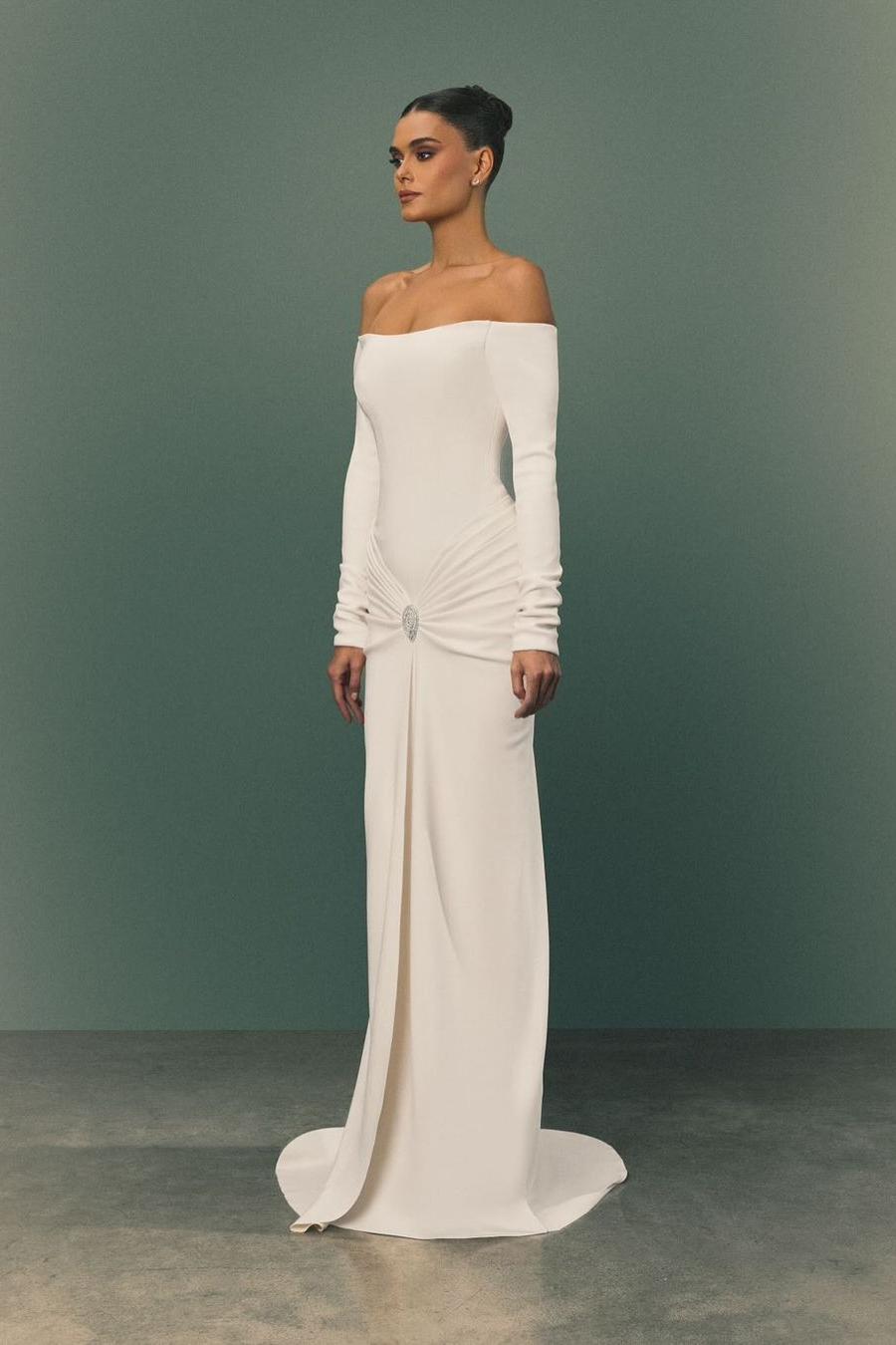 edgynewlook Simple White Satin Off the Shoulder Long Sleeves Pleated Prom Dress with Rhinestone