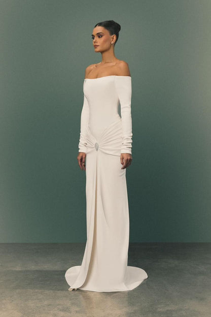 edgynewlook Simple White Satin Off the Shoulder Long Sleeves Pleated Prom Dress with Rhinestone