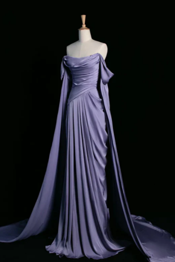 Purple Off-The-Shoulder Pleated Long Prom Dress With Trailing On Both Sides ZT0580