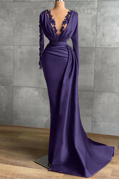 Long Sleeves Lavender V Neck Ruffles Prom Dress Applique Mermaid ED0127