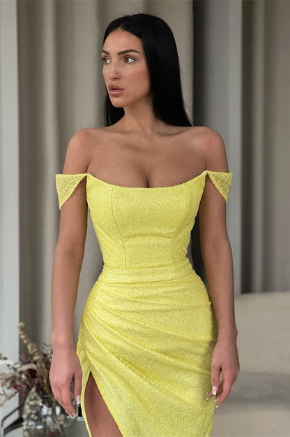 Bright Yellow Off-The-Shoulder Prom Dress Mermaid With Split PD0743