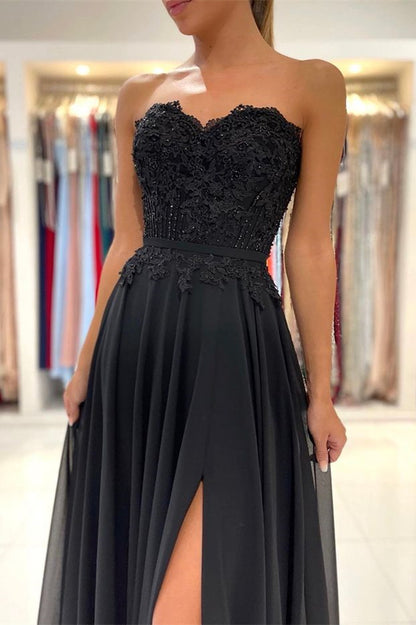 Black Sweetheart Prom Dress Appliques With Split PD0423