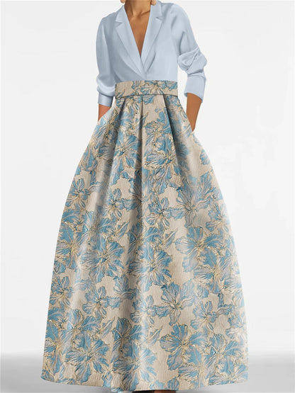 A-Line/Princess Shirt Collar 3/4 Sleeves Printed Flower Mother of the Bride & Groom Dresses