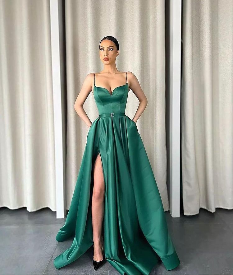 Dark Green Spaghetti-Straps V-Neck Long A-Line Prom Dress With Split ED0070