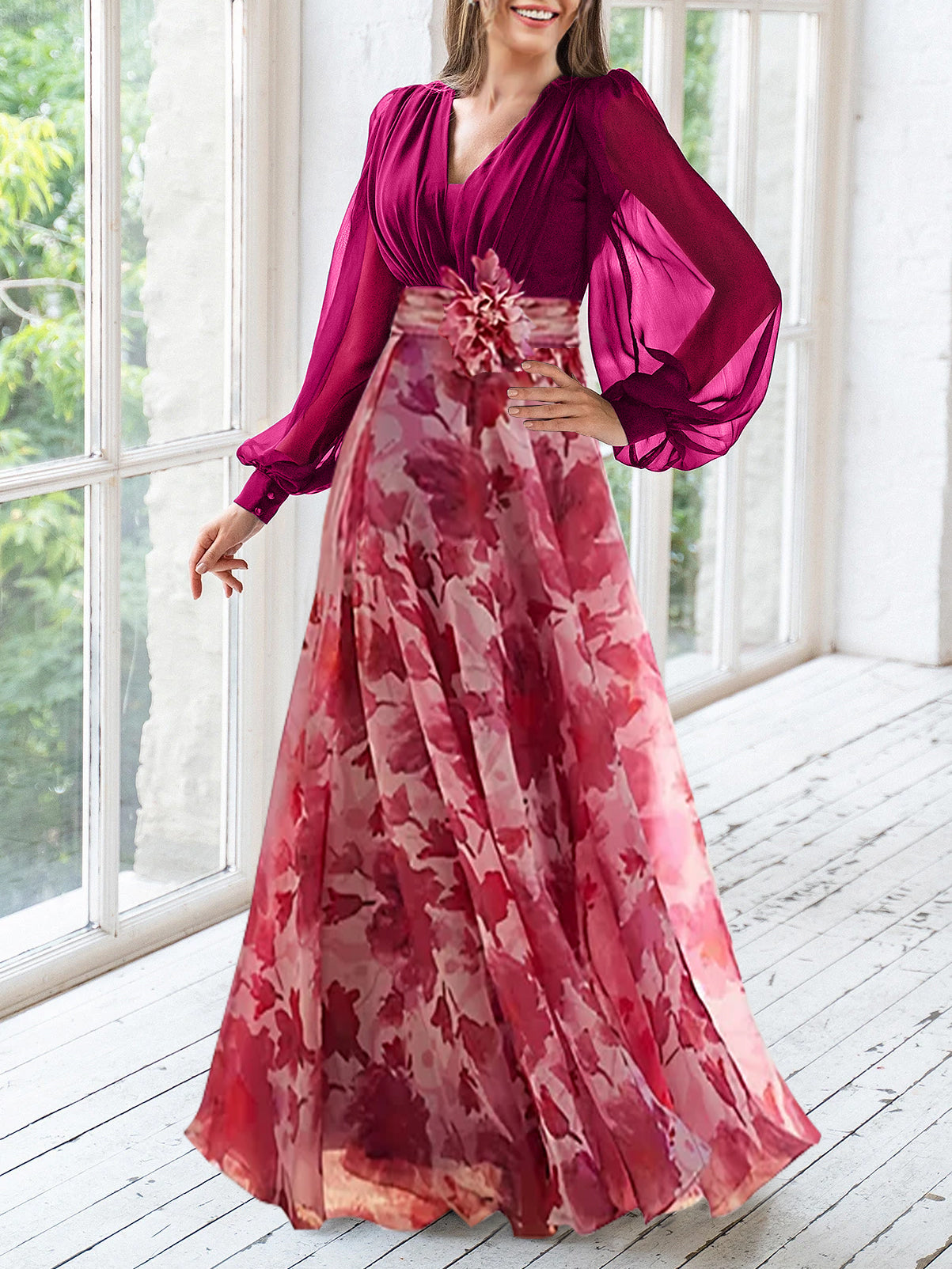 A Line/Princess V-Neck Long Sleeves Floor Length Floral Plus Size Mother of the Bride Dresses With Flower