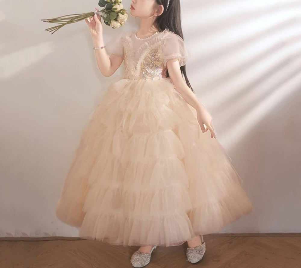 Ball Gown Short Sleeves Layered Girl Party Dresses with Rhinestone Appliques